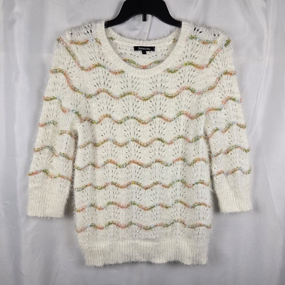 Relativity Multicolored Wavy Stripe Open Knit Eyelash Sweater Women Size Large